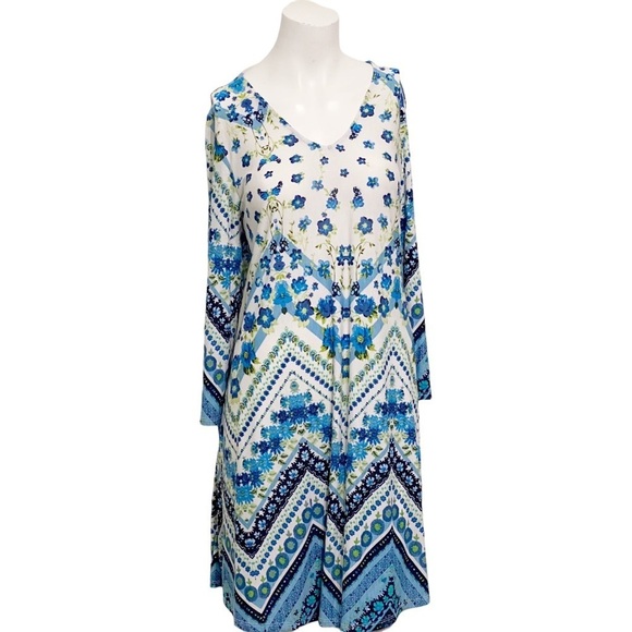 Honey Me Curvy Blue Floral Chevron Boho Long Sleeve A-Line Dress XL - Picture 3 of 12